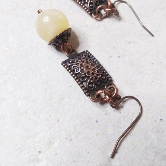 Ornate Copper Plate + Massive Genuine Citrine Beads! Gorgeous Statement Earrings - Picture 3 of 7
